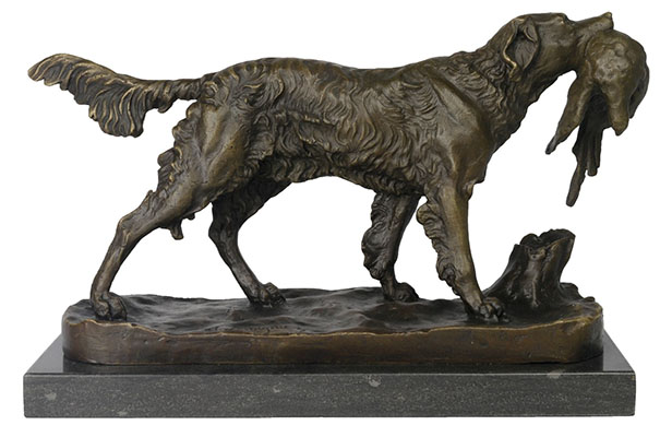 Hunting Retriever Dog Bronze Sculpture On Marble Base